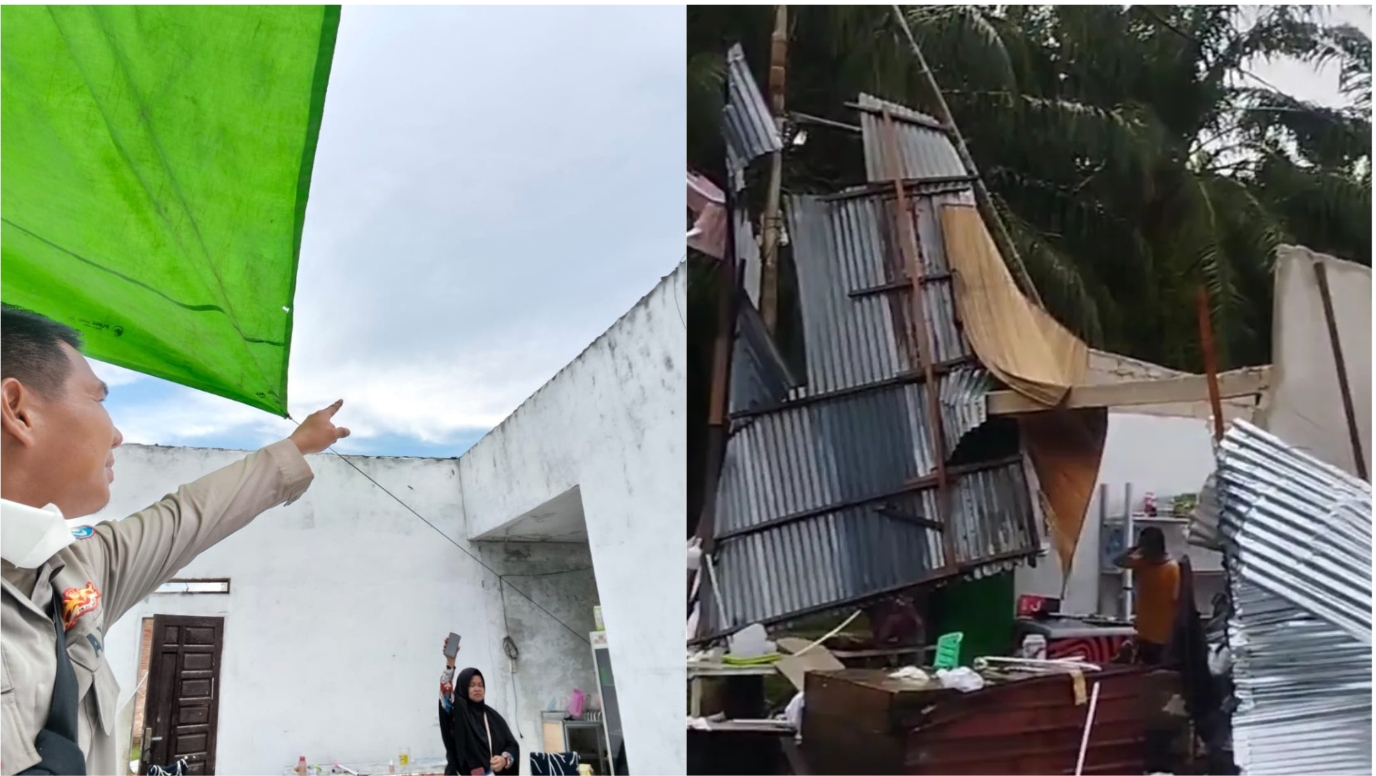 Angin puting beliung merusak tiga rumah warga termasuk satu warung di Jalan Bandes RT 04, Kelurahan Mundam, Medang Kampai, Dumai, Kamis (25/12/2025).