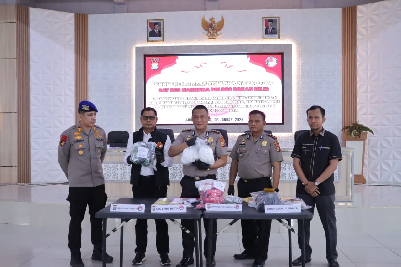 Polres Rohil Ungkap Jaringan Narkotika Internasional, Sita 3,98 Kg Sabu, Ribuan Ekstasi dan Happy Five