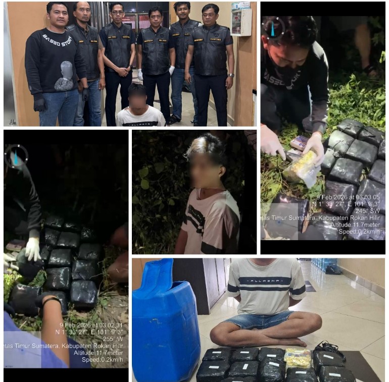 Tim gabungan Direktorat Jenderal Bea dan Cukai dan Bareskrim Polri mengamankan tersangka dan barang bukti 14 bungkus sabu seberat 14,7 kilogram yang disembunyikan dalam jeriken biru, usai penindakan di Jalintim Rantau Bais, Kabupaten Rokan Hilir, Riau, Senin (9/2/2026) dini hari.